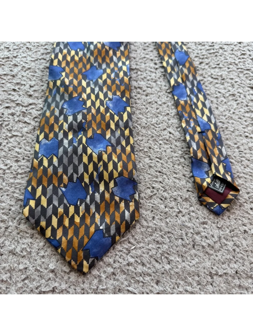 Vintage Gino Pompeii 100% Silk Geometric Abstract Wide Necktie Blue Gold Gray